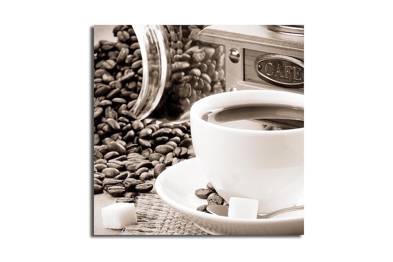 Canvastavla 45x45 cm - Kopp med kaffe omgiven av kaffebönor och sockerbitar, Brun / Vit / Grå