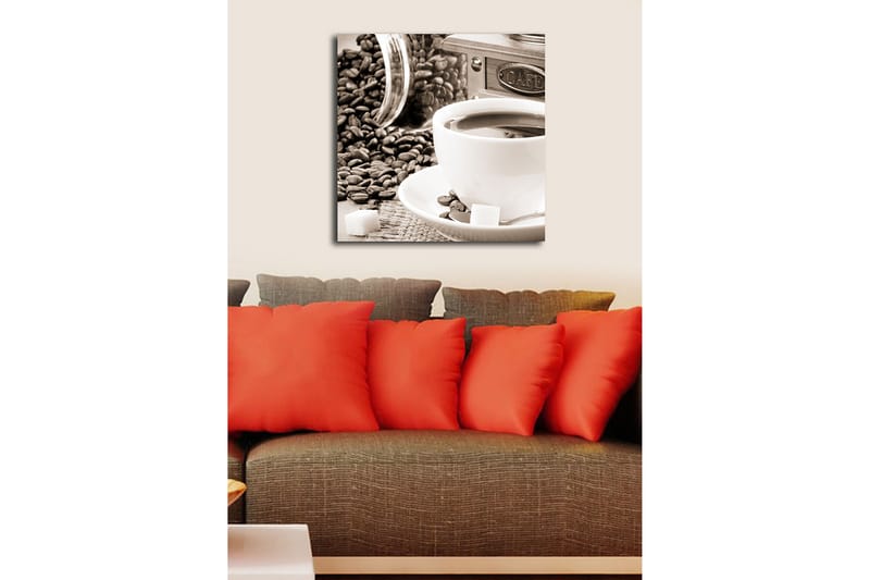 Canvastavla 45x45 cm - Kopp med kaffe omgiven av kaffebönor och sockerbitar - Brun / Vit / Grå - Inredning - Tavlor & konst - Canvastavlor