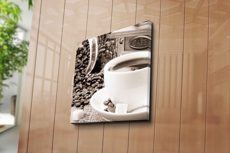 Canvastavla 45x45 cm - Kopp med kaffe omgiven av kaffebönor och sockerbitar - Brun / Vit / Grå - Inredning - Tavlor & konst - Canvastavlor