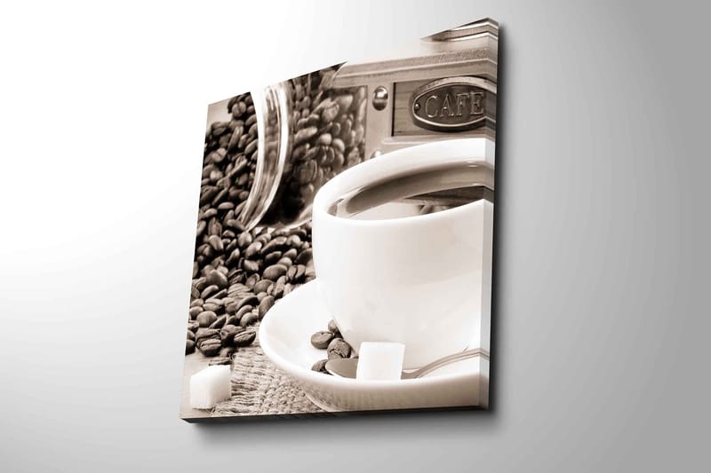 Canvastavla 45x45 cm - Kopp med kaffe omgiven av kaffebönor och sockerbitar - Brun / Vit / Grå - Inredning - Tavlor & konst - Canvastavlor