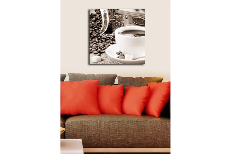 Canvastavla 45x45 cm - Kopp med kaffe omgiven av kaffebönor och sockerbitar - Brun / Vit / Grå - Inredning - Tavlor & konst - Canvastavlor