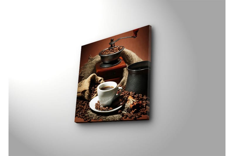 Canvastavla 45x45 cm - Kopp med nybryggt kaffe omgiven av kaffebönor och en kaffekvarn - Mörkbrun / Svart / Beige - Inredning - Tavlor & konst - Canvastavlor