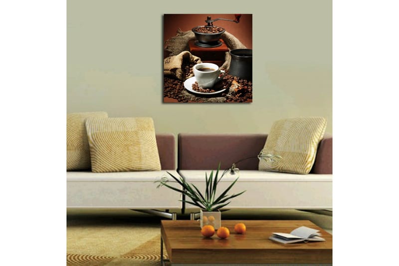 Canvastavla 45x45 cm - Kopp med nybryggt kaffe omgiven av kaffebönor och en kaffekvarn - Mörkbrun / Svart / Beige - Inredning - Tavlor & konst - Canvastavlor