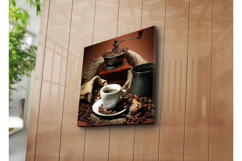 Canvastavla 45x45 cm - Kopp med nybryggt kaffe omgiven av kaffebönor och en kaffekvarn - Mörkbrun / Svart / Beige - Inredning - Tavlor & konst - Canvastavlor