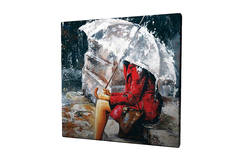 Canvastavla 45x45 cm - Kvinna i röd kappa som sitter under ett paraply i regnet, Röd / Grå / Beige