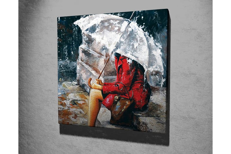 Canvastavla 45x45 cm - Kvinna i röd kappa som sitter under ett paraply i regnet - Röd / Grå / Beige - Inredning - Tavlor & konst - Canvastavlor