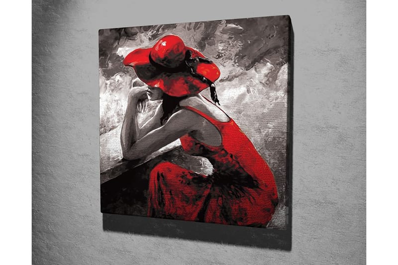 Canvastavla 45x45 cm - Kvinnlig figur i röd klänning och hatt som sitter eftertänksamt - Röd / Svart / Grå - Inredning - Tavlor & konst - Canvastavlor