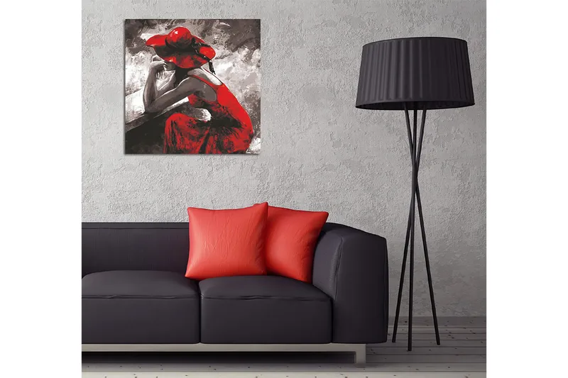 Canvastavla 45x45 cm - Kvinnlig figur i röd klänning och hatt som sitter eftertänksamt - Röd / Svart / Grå - Inredning - Tavlor & konst - Canvastavlor