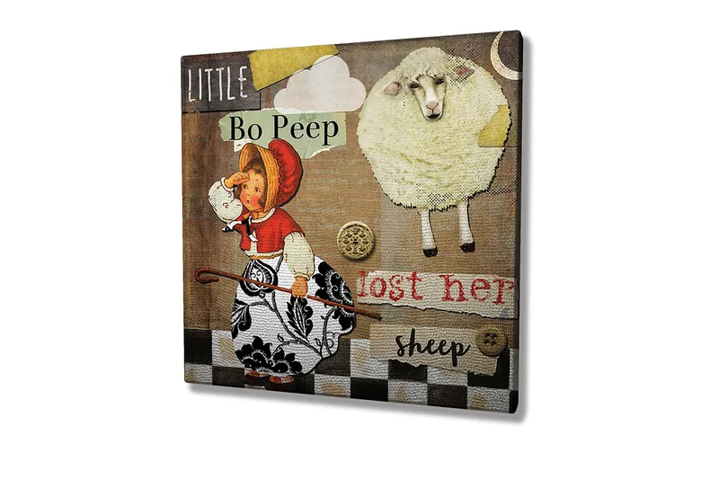Canvastavla 45x45 cm - Lekfull scen med en flicka som letar efter sina får - Beige / Svart / Röd - Inredning - Tavlor & konst - Canvastavlor