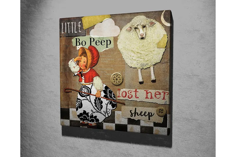 Canvastavla 45x45 cm - Lekfull scen med en flicka som letar efter sina får - Beige / Svart / Röd - Inredning - Tavlor & konst - Canvastavlor
