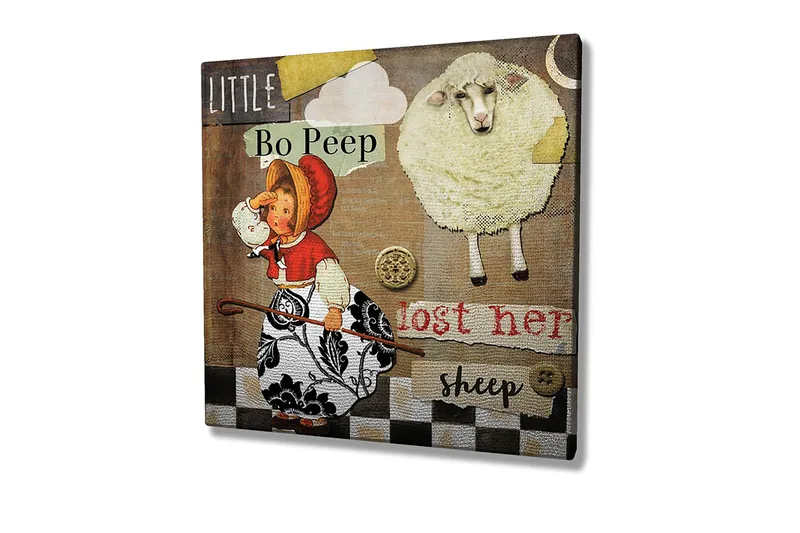 Canvastavla 45x45 cm - Lekfull scen med en flicka som letar efter sina får - Beige / Svart / Röd - Inredning - Tavlor & konst - Canvastavlor