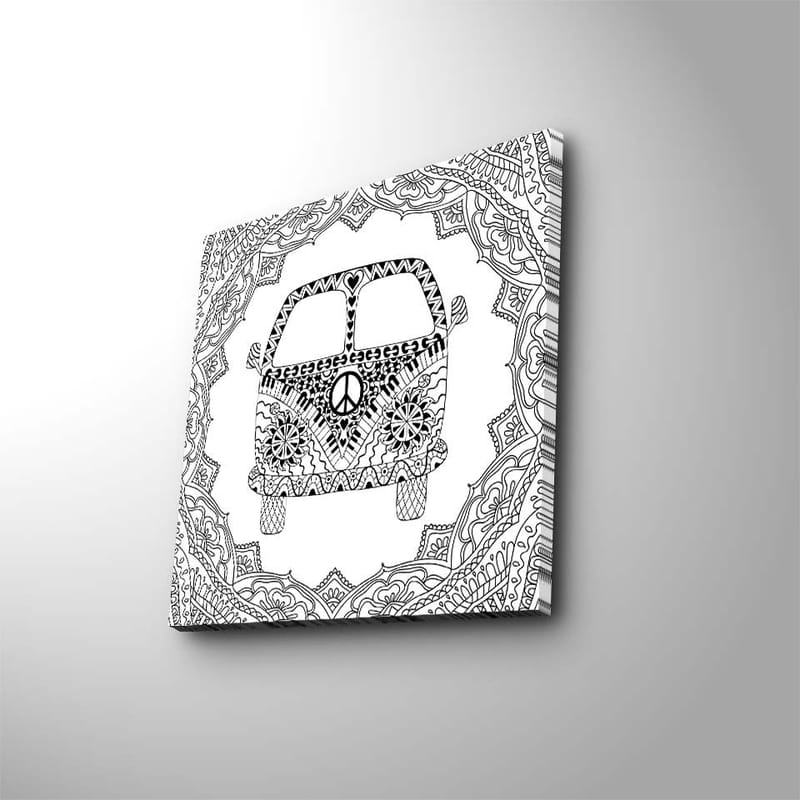 Canvastavla 45x45 cm - Mönstrad bil med fredssymbol omgiven av dekorativa former - Svart / Vitt - Inredning - Tavlor & konst - Canvastavlor
