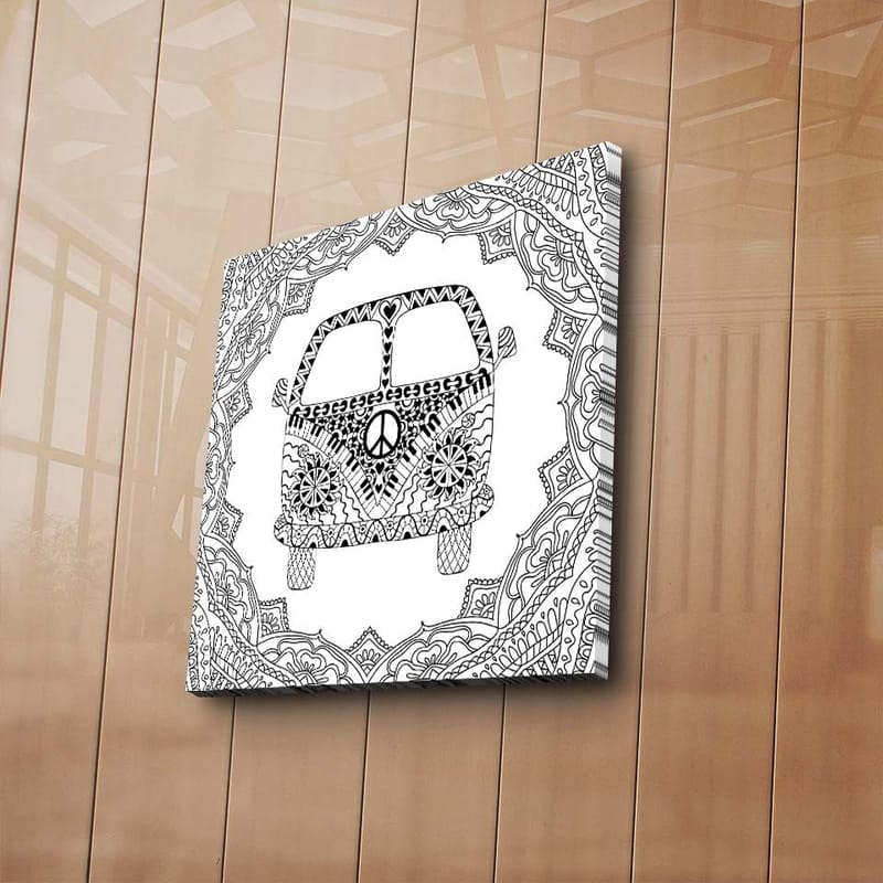 Canvastavla 45x45 cm - Mönstrad bil med fredssymbol omgiven av dekorativa former - Svart / Vitt - Inredning - Tavlor & konst - Canvastavlor