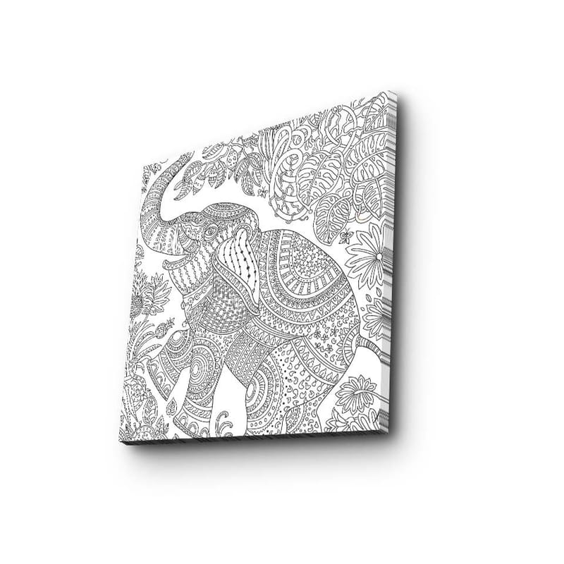 Canvastavla 45x45 cm - Mönstrad elefant omgiven av blommor och bladverk, Svart / Vitt