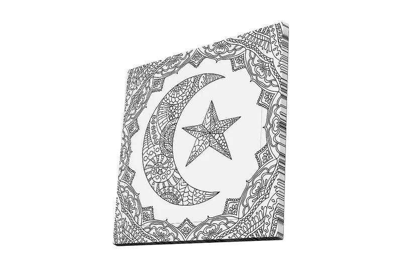 Canvastavla 45x45 cm - Mönstrad halvmåne och stjärna i en dekorativ ram - Svart / Vitt - Inredning - Tavlor & konst - Canvastavlor