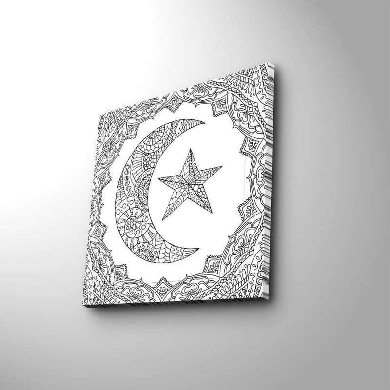 Canvastavla 45x45 cm - Mönstrad måne och stjärna i en dekorativ ram, Svart / Vitt