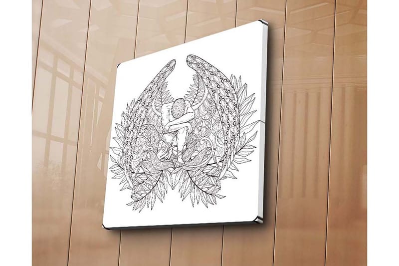 Canvastavla 45x45 cm - Mörk och detaljrik skulptur av en sittande figur omgiven av fjädrar och växtlighet - Svart / Vit - Inredning - Tavlor & konst - Canvastavlor