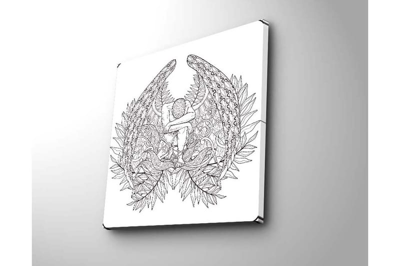 Canvastavla 45x45 cm - Mörk och detaljrik skulptur av en sittande figur omgiven av fjädrar och växtlighet - Svart / Vit - Inredning - Tavlor & konst - Canvastavlor