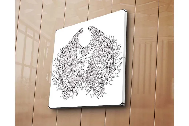 Canvastavla 45x45 cm - Mörk och detaljrik skulptur av en sittande figur omgiven av fjädrar och växtlighet - Svart / Vit - Inredning - Tavlor & konst - Canvastavlor