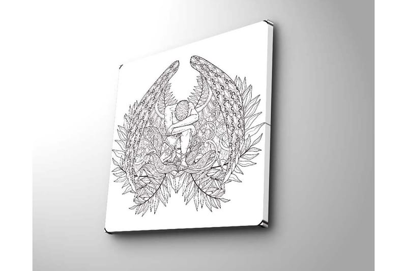 Canvastavla 45x45 cm - Mörk och detaljrik skulptur av en sittande figur omgiven av fjädrar och växtlighet - Svart / Vit - Inredning - Tavlor & konst - Canvastavlor