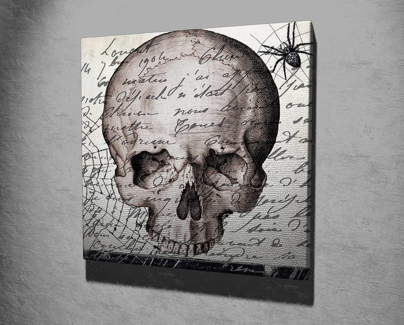 Canvastavla 45x45 cm - Mörk skalle med handskriven text och spindelmotiv - Grå / Svart / Beige - Inredning - Tavlor & konst - Canvastavlor