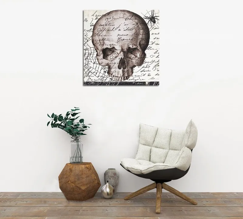 Canvastavla 45x45 cm - Mörk skalle med handskriven text och spindelmotiv, Grå / Svart / Beige