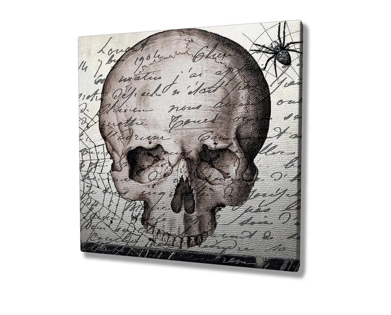 Canvastavla 45x45 cm - Mörk skalle med handskriven text och spindelmotiv - Grå / Svart / Beige - Inredning - Tavlor & konst - Canvastavlor