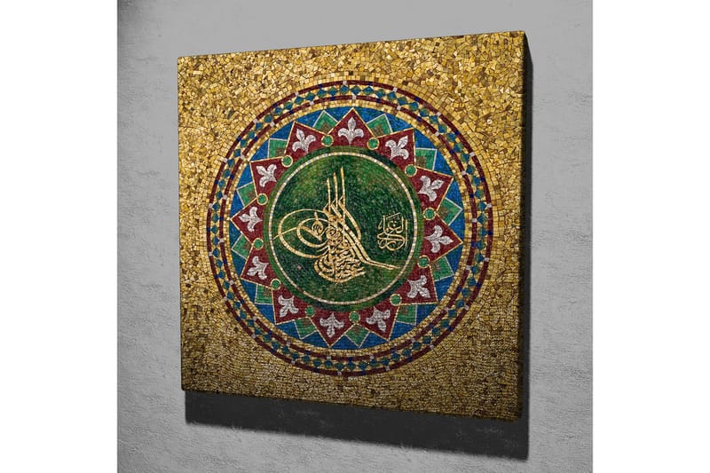 Canvastavla 45x45 cm - Mosaik med arabisk kalligrafi och geometriska mönster - Grön / Guld / Röd - Inredning - Tavlor & konst - Canvastavlor
