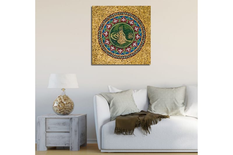 Canvastavla 45x45 cm - Mosaik med arabisk kalligrafi och geometriska mönster - Grön / Guld / Röd - Inredning - Tavlor & konst - Canvastavlor