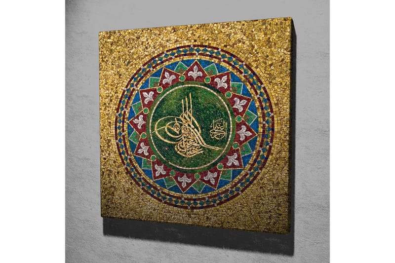 Canvastavla 45x45 cm - Mosaik med arabisk kalligrafi och geometriska mönster - Grön / Guld / Röd - Inredning - Tavlor & konst - Canvastavlor