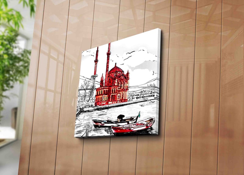 Canvastavla 45x45 cm - Röd moské vid vattnet med båtar i förgrunden - Röd / Svart / Vit - Inredning - Tavlor & konst - Canvastavlor