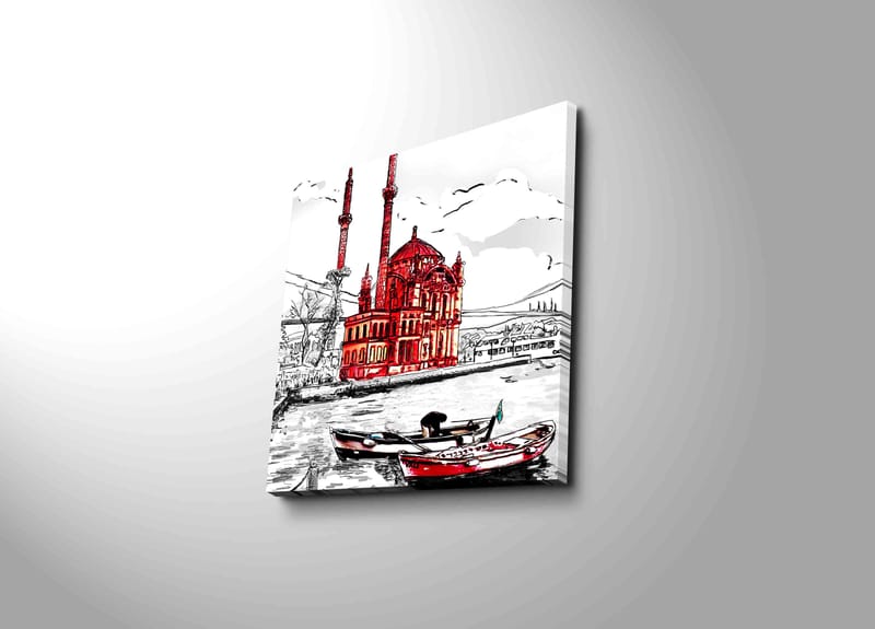 Canvastavla 45x45 cm - Röd moské vid vattnet med båtar i förgrunden - Röd / Svart / Vit - Inredning - Tavlor & konst - Canvastavlor