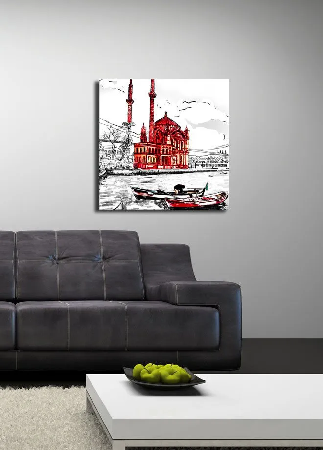 Canvastavla 45x45 cm - Röd moské vid vattnet med båtar i förgrunden - Röd / Svart / Vit - Inredning - Tavlor & konst - Canvastavlor