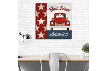Canvastavla 45x45 cm - Röd vintagebil med amerikanska stjärnor och texten God Bless America - Röd / Vit / Blå - Inredning - Tavlor & konst - Canvastavlor