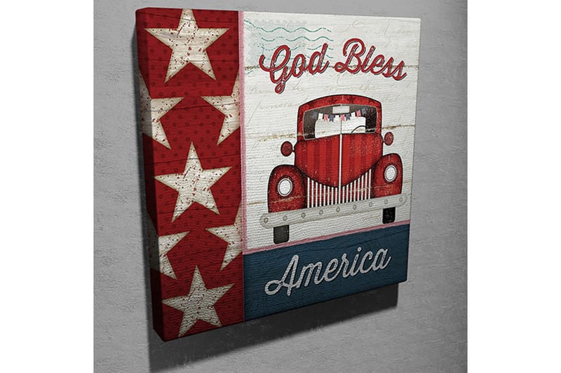 Canvastavla 45x45 cm - Röd vintagebil med amerikanska stjärnor och texten God Bless America - Röd / Vit / Blå - Inredning - Tavlor & konst - Canvastavlor