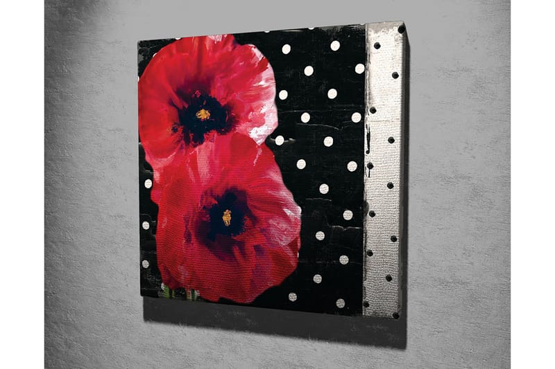 Canvastavla 45x45 cm - Röda blommor mot en svart bakgrund med vita prickar - Röd / Svart / Vit - Inredning - Tavlor & konst - Canvastavlor