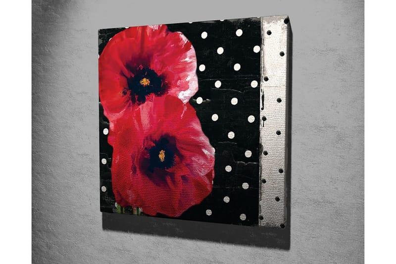 Canvastavla 45x45 cm - Röda blommor mot en svart bakgrund med vita prickar - Röd / Svart / Vit - Inredning - Tavlor & konst - Canvastavlor