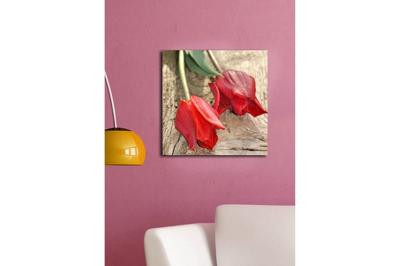 Canvastavla 45x45 cm - Röda tulpaner på en träyta - Röd / Grön - Inredning - Tavlor & konst - Canvastavlor
