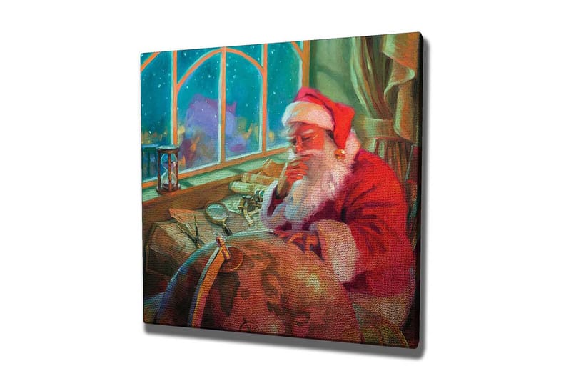 Canvastavla 45x45 cm - Reflekterande jultomte vid ett skrivbord med en glob och papper, Röd / Grön / Beige