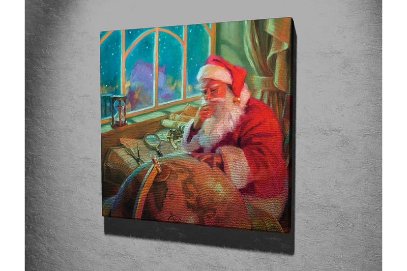 Canvastavla 45x45 cm - Reflekterande jultomte vid ett skrivbord med en glob och papper - Röd / Grön / Beige - Inredning - Tavlor & konst - Canvastavlor