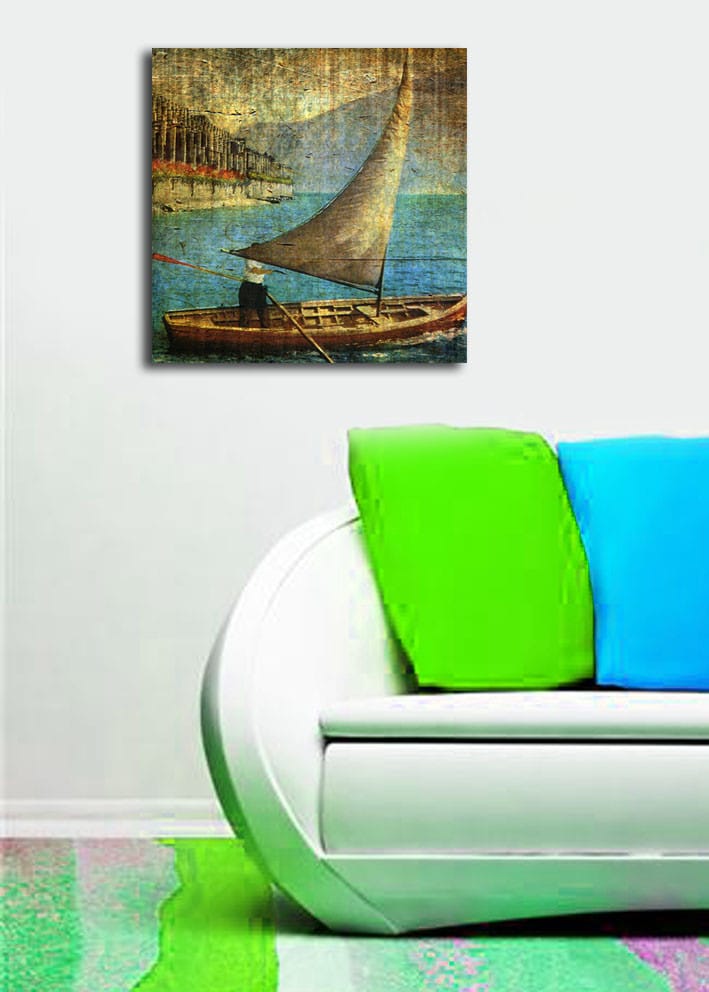 Canvastavla 45x45 cm - Segelbåt på lugnt vatten - Blå / Brun / Beige - Inredning - Tavlor & konst - Canvastavlor