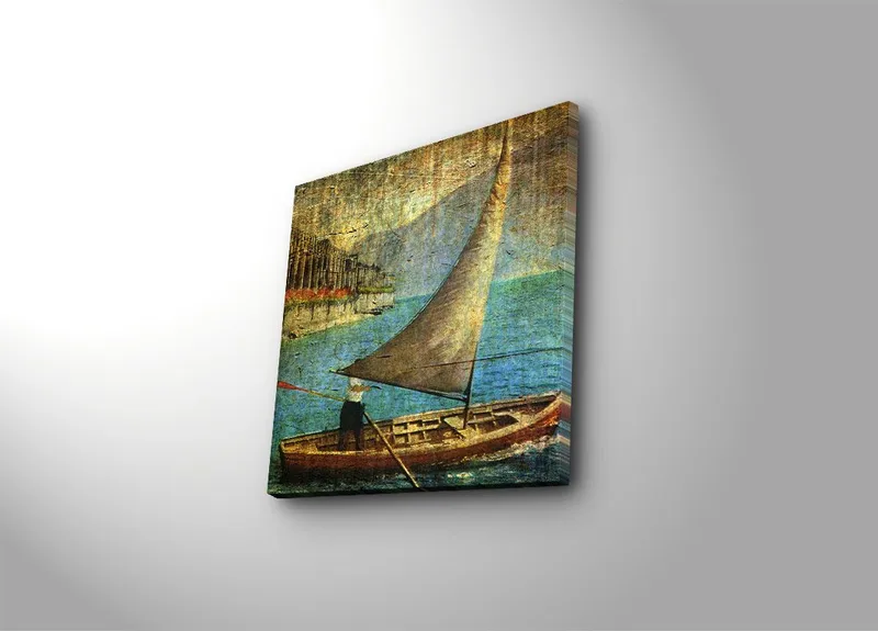 Canvastavla 45x45 cm - Segelbåt på lugnt vatten, Blå / Brun / Beige