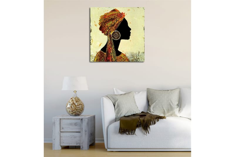 Canvastavla 45x45 cm - Silhuett av en kvinna med traditionell huvudbonad och stora örhängen - Svart / Guld / Orange - Inredning - Tavlor & konst - Canvastavlor