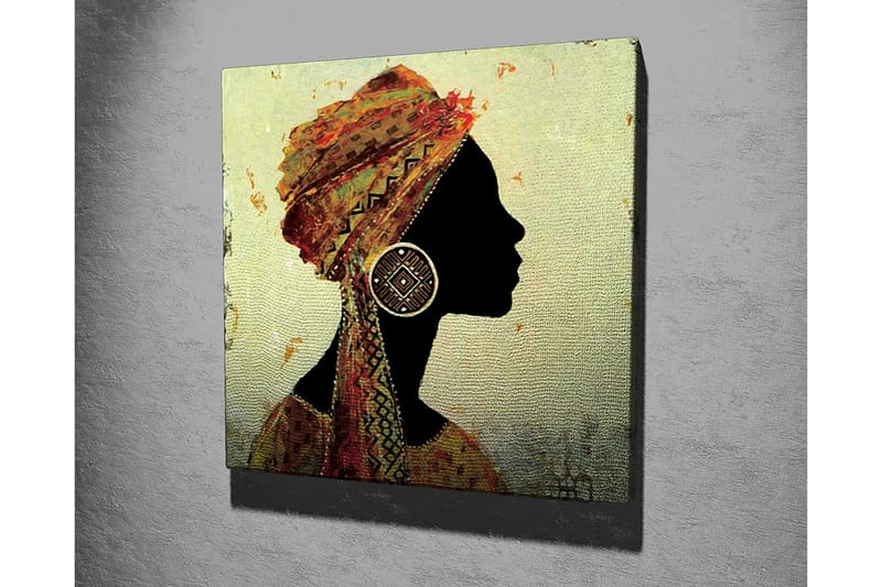 Canvastavla 45x45 cm - Silhuett av en kvinna med traditionell huvudbonad och stora örhängen - Svart / Guld / Orange - Inredning - Tavlor & konst - Canvastavlor
