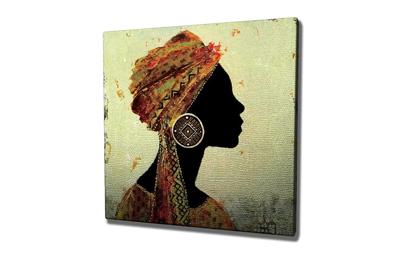 Canvastavla 45x45 cm - Silhuett av en kvinna med traditionell huvudbonad och stora örhängen - Svart / Guld / Orange - Inredning - Tavlor & konst - Canvastavlor