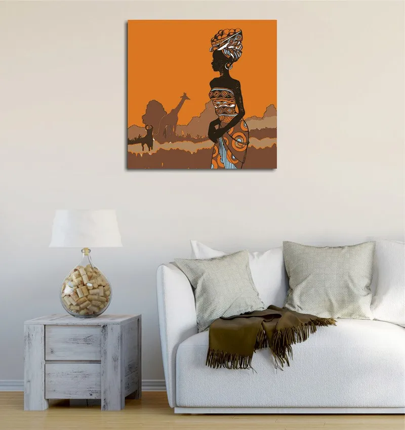 Canvastavla 45x45 cm - Silhuett av en kvinna med traditionella kläder mot en orange bakgrund, Orange / Svart / Brun
