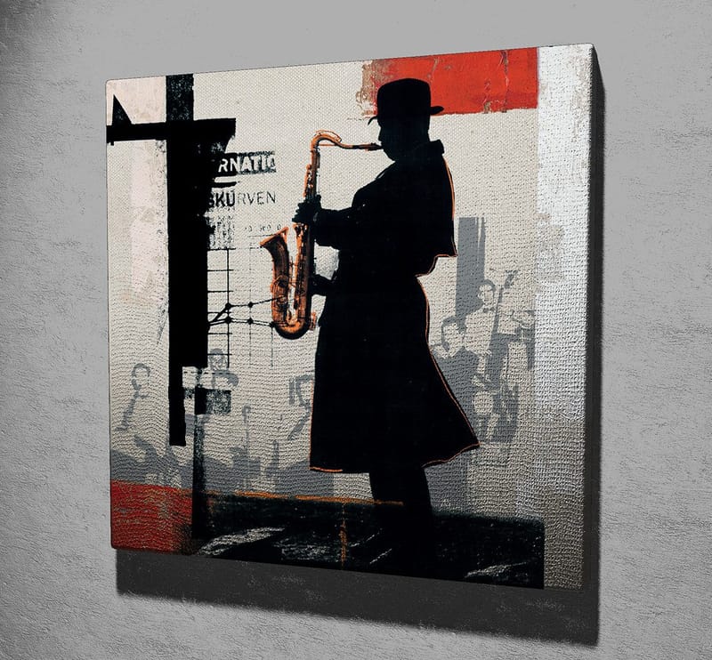 Canvastavla 45x45 cm - Silhuett av en saxofonist i en urban miljö - Svart / Röd / Beige - Inredning - Tavlor & konst - Canvastavlor