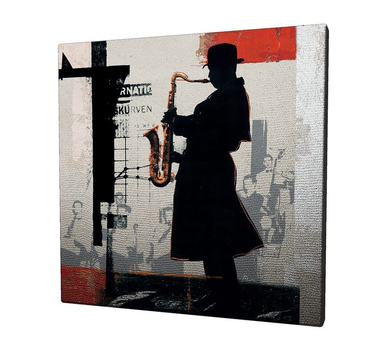 Canvastavla 45x45 cm - Silhuett av en saxofonist i en urban miljö - Svart / Röd / Beige - Inredning - Tavlor & konst - Canvastavlor