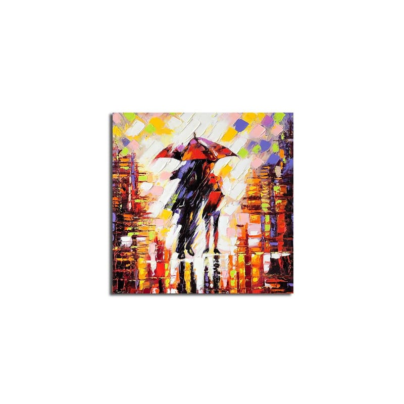 Canvastavla 45x45 cm - Silhuett av en person med paraply i en färgglad stadsmiljö - Röd / Orange / Svart - Inredning - Tavlor & konst - Canvastavlor