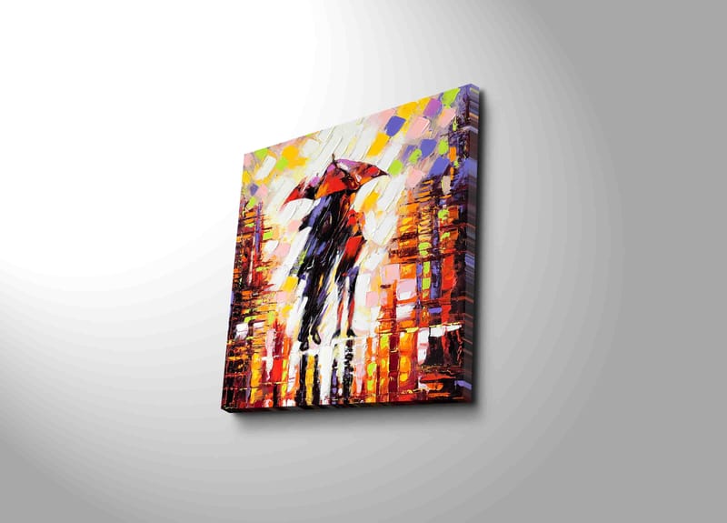 Canvastavla 45x45 cm - Silhuett av en person med paraply i en färgglad stadsmiljö, Röd / Orange / Svart